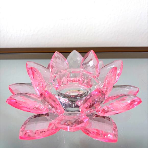 Unbranded Other - Sparking Cut Crystal Pink Glass LOTUS FLOWER Candle Holder